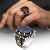 Parlament Mavi Taşlı Kubbetüs Sahre Motifli 925 Gümüş Erkek Yüzük thumbnail 1