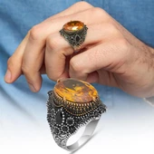 Sarı Sitrin Taşlı 925 Gümüş Erkek Yüzük thumbnail 1