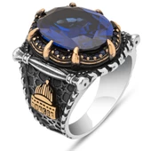 Parlament Mavi Taşlı Kubbetüs Sahre Motifli 925 Gümüş Erkek Yüzük thumbnail 2