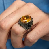 Sarı Sitrin Taşlı 925 Gümüş Erkek Yüzük thumbnail 3