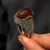 Akik Taşlı Kakma Oyma Motif 925 Gümüş Erkek Yüzük thumbnail 5