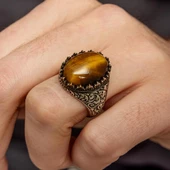 Kaplan Gözü Taşlı Oyma Motifli 925 Gümüş Yüzük thumbnail 3