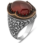 Akik Taşlı Kakma Oyma Motif 925 Gümüş Erkek Yüzük thumbnail 2