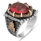 Kırmızı Taşlı Kubbetüs Sahre Motifli 925 Gümüş Erkek Yüzük thumbnail 2