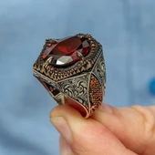 Kırmızı Taşlı Oval 925 Gümüş Erkek Yüzük thumbnail 7
