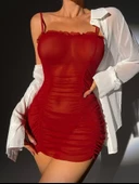 Kırmızı Transparan İç Gösteren Tül Detaylı Askılı Gecelik - 3