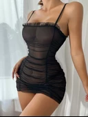 Siyah Transparan İç Gösteren Tül Detaylı Askılı Gecelik - 1