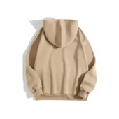 3 İplik Pamuklu Unisex Kapşonlu Sweetshirt - Bej - 1