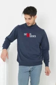 Unisex Yarım Boğazlı Baskılı Dokuma Triko - Indigo - 1