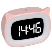 Valkyrie Çok Şirin Kedi Masaüstü Saat Şarjlı LED Işıklı Sevimli Saat Pembe - 5