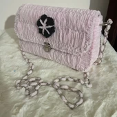 Portanda El Yapımı, Kadife ip, Kanvas Örgü Kadın Omuz Çantası/Abiye Model /Toz Pembe - 1