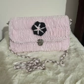 Portanda El Yapımı, Kadife ip, Kanvas Örgü Kadın Omuz Çantası/Abiye Model /Toz Pembe - 3