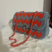 Portanda El Yapımı, Kadife ip, Kanvas Örgü Kadın Omuz Çantası/Abiye Model /Gri-Turuncu - 2