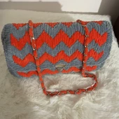 Portanda El Yapımı, Kadife ip, Kanvas Örgü Kadın Omuz Çantası/Abiye Model /Gri-Turuncu - 4