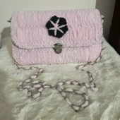 Portanda El Yapımı, Kadife ip, Kanvas Örgü Kadın Omuz Çantası/Abiye Model /Toz Pembe - 2