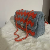 Portanda El Yapımı, Kadife ip, Kanvas Örgü Kadın Omuz Çantası/Abiye Model /Gri-Turuncu - 3