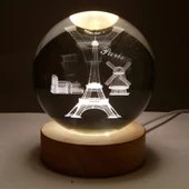 Paris Kristal Cam Küre 8cm Led Işıklı Usb Kablolu Ahşap Stantlı Gece Lambası thumbnail 4