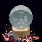 Paris Kristal Cam Küre 8cm Led Işıklı Usb Kablolu Ahşap Stantlı Gece Lambası thumbnail 5