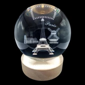 Paris Kristal Cam Küre 8cm Led Işıklı Usb Kablolu Ahşap Stantlı Gece Lambası thumbnail 1