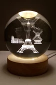 Paris Kristal Cam Küre 8cm Led Işıklı Usb Kablolu Ahşap Stantlı Gece Lambası thumbnail 10