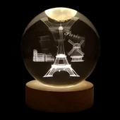 Paris Kristal Cam Küre 8cm Led Işıklı Usb Kablolu Ahşap Stantlı Gece Lambası thumbnail 6