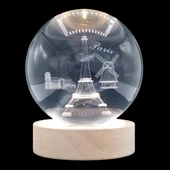 Paris Kristal Cam Küre 6cm Led Işıklı Usb Kablolu Ahşap Stantlı Gece Lambası - 3