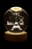 Paris Kristal Cam Küre 6cm Led Işıklı Usb Kablolu Ahşap Stantlı Gece Lambası - 12