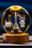 Paris Kristal Cam Küre 6cm Led Işıklı Usb Kablolu Ahşap Stantlı Gece Lambası - 7