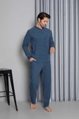 Erkek 3 Düğme Uzun Kol Göğüs Cepli Selanik Kumaş Kışlık Cepli Pijama Takımı - 9