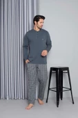 Erkek 3 Düğme Uzun Kol Göğüs Cepli 2 İplik Kışlık Cepli Pijama Takımı - 10