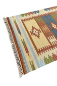 El Dokuması Dekoratif %100 Yün Kilim 80x125 Krem Turkuaz Kilim thumbnail 5