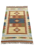El Dokuması Dekoratif %100 Yün Kilim 80x125 Krem Turkuaz Kilim thumbnail 1