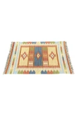 El Dokuması Dekoratif %100 Yün Kilim 80x125 Krem Turkuaz Kilim thumbnail 2