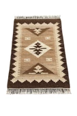 El Dokuma Dekoratif Kilim 64x90 Kahve Krem %100 Yün Kök Boya Kilim thumbnail 1