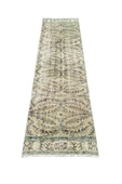 El Dokuma Vintage Yeşil Yolluk 80x270 Yeşil Beyaz Eskitme %100 Yün Halı - 1