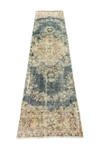 El Dokuma Su Yeşili Vintage Yolluk 80x315 Eskitme 3 Metre Halı - 1