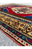 El Dokuma Dekoratif Taşpınar Halısı 134x200 Kırmızı Lacivert Kök Boya Yün Halı ! - 1