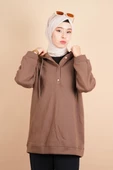 Kapüşonlu Sweat Yarım Çıtçıt Detaylı Sweat Kahverengi - 1