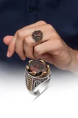 Kırmızı Taşlı Dalga Motif 925 Gümüş Erkek Yüzük - 4