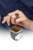 Kaplan Gözü Taşlı Oyma Motifli 925 Gümüş Erkek Yüzük thumbnail 7