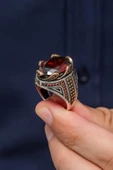 Kırmızı Taşlı Dalga Motif 925 Gümüş Erkek Yüzük - 3