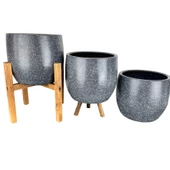 Bitki Tasarımı Gri Granit Toprak Saksı Saksılık Salon Çiçeklik Üçlü Set- 19 CM thumbnail 4