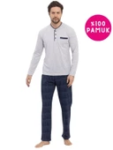 Erkek 3 Düğmeli %100 Pamuk Süprem Göğüs Cepli Mevsimlik Uzun Kol Pijama Takımı - 10