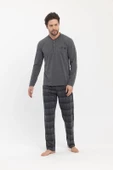 Erkek 3 Düğmeli %100 Pamuk Süprem Göğüs Cepli Mevsimlik Uzun Kol Pijama Takımı - 1