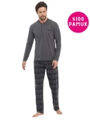 Erkek 3 Düğmeli %100 Pamuk Süprem Göğüs Cepli Mevsimlik Uzun Kol Pijama Takımı - 11