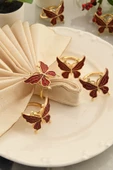 TR Turan Collection BUTTERFLY 6'lı Gold Lüks Peçete Halkası, Kırmızı Mineli Kelebek Peçete Yüzüğü - 1
