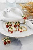 TR Turan Collection İKİLİ ÇİLEK 6'lı Gold Lüks Peçete Halkası, Mineli 2'li Çilek Dekorlu Peçete Yüzüğü - 2
