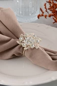 TR Turan Collection BROŞ 6'lı Gümüş Lüks Peçete Halkası, Çiçek Model Kristal Taşlı Peçete Yüzüğü - 1