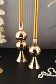 TR Turan Collection ELİT 2'li Şamdan Seti Orta-Küçük Gold Renk Dekoratif Metal Mumluk - 3