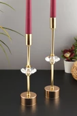 TR Turan Collection CONTES 2'li Lüks Şamdan Kristal Dekorlu Gold Kaplama Metal Mumluk - 5